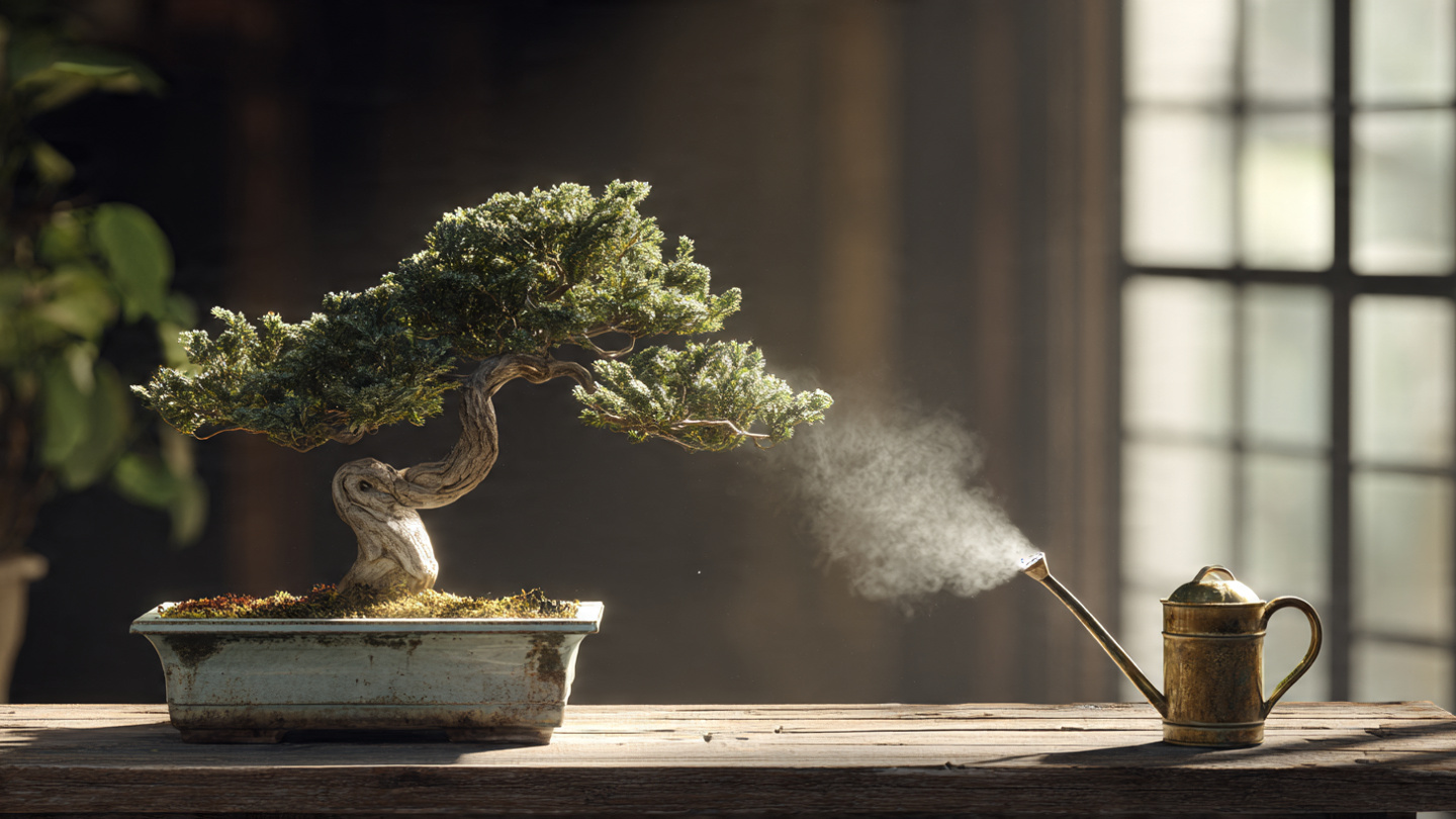 Bonsái siendo regado con regadera pequeña sobre mesa de madera con luz natural